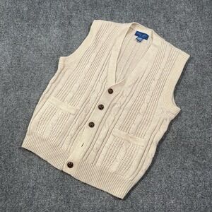 Vintage Towncraft Sweater Vest Mens M Beige Cable Knit Grandpa Leather Button